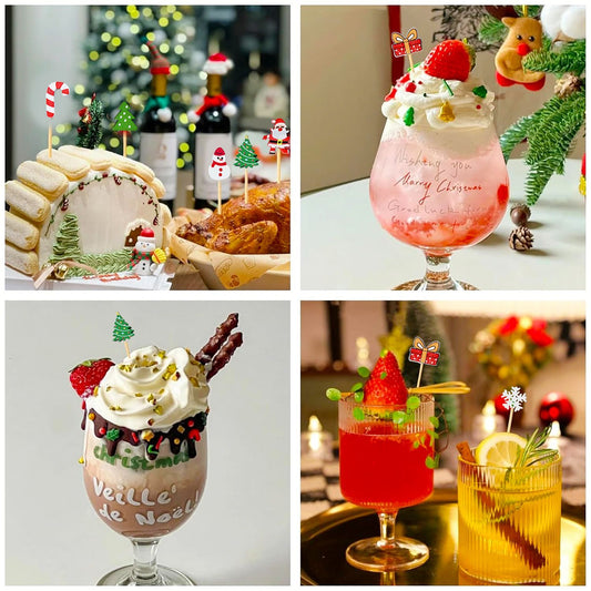 Christmas Cocktail Pick Xmas Tree Snowflake Snowman Santa Claus Reindeer Pattern Sticks Cupcake Fruit Food Appetizer Skewers 4.9 In Bamboo Toothpicks For Christmas Holiday Party Favor Supplies