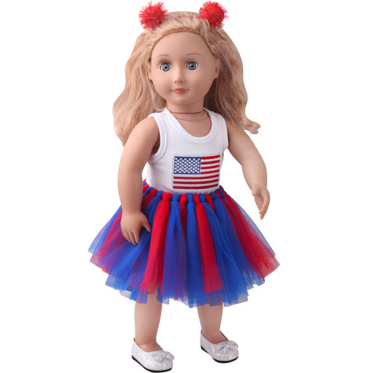 18-inch American Girl Doll Clothes Printed Short Sleeve Handmade Veil Skirt Hair Ball Hair Hoop