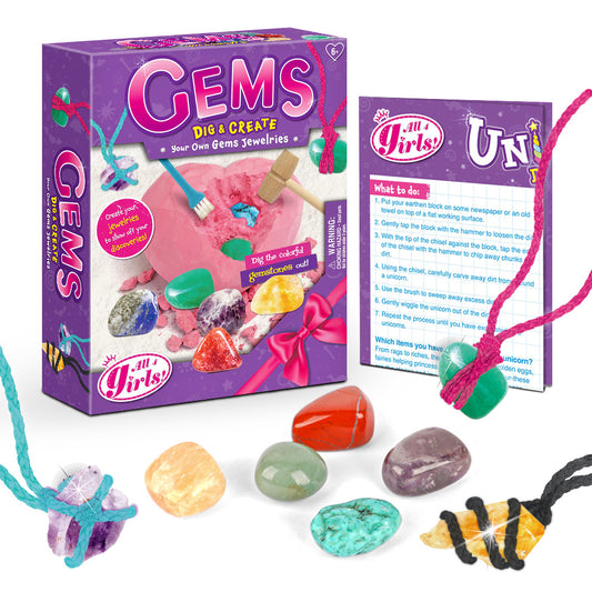 Gemstone Dig Kit Toys For Kids Dig Up 6 Gems& Rocks Science STEM Activities Educational Gifts For Boys Girls Age Above 6 Gemstones Necklace DIY Gifts