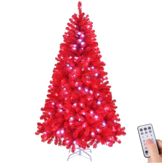 6 FT Pre-lit Artificial Christmas Tree, Hinged Xmas Pine Tree With 800 Branch Tips, 300 Lights And Remote Control For Holiday Party Office Home, Red