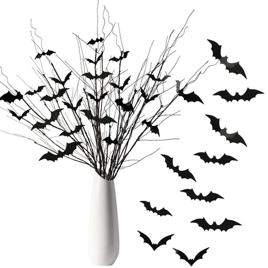 Curly Willow Branches 29.5 Inch Artificial Bendable Stems Black Branches With 36Pcs Halloween Bat Stickers For Halloween Wreath Home Party Decorations--Cannot Be Listed On Amazon Platform