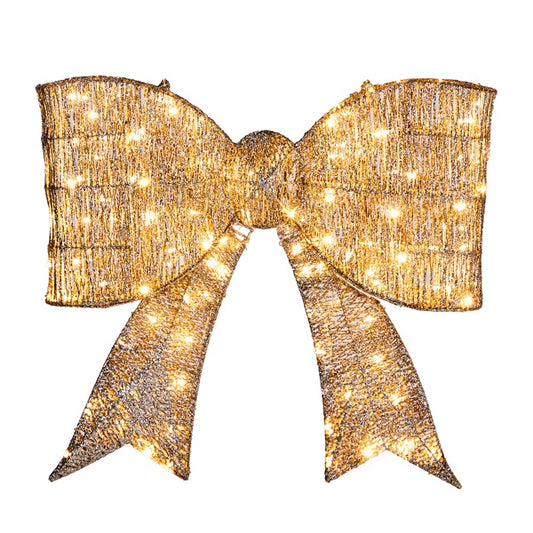 Pre-lit Outdoor Giant Bowknot Christmas Decoration, Lighted Metal Frame With 124 Warm White LED Lights, For Front Door Gate Wall Indoor Outdoor Holiday Party, Golden