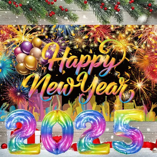 Happy New Year Background Cloth With 32 Inch Balloons Fireworks Designs New Year Backdrop Decor Holiday Photo Studio Props For 2025 New Year Party Photography Supplies