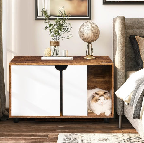 Cat Litter Box Enclosure, Hidden Cat Washroom, Kitty End Table, Furniture Style With Double Doors,White Vintage