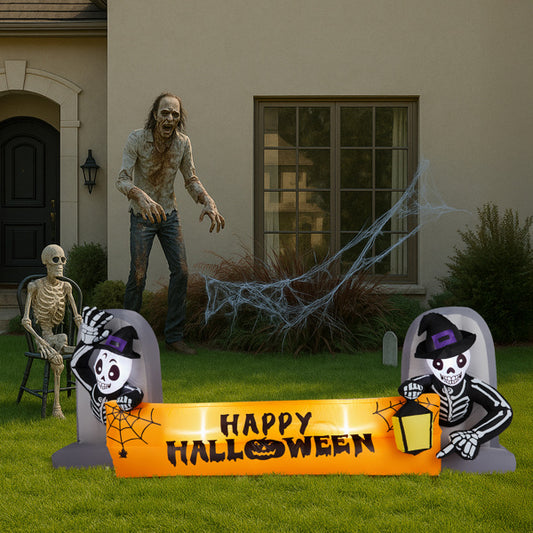 9.6FT Large Halloween Inflatable Decorations Skeleton Tombstone Banner, Outdoor Decorations Blow Up Yard Decor With Built-in LEDs For Halloween Holiday Party Outdoor Garden Yard Lawn Decor
