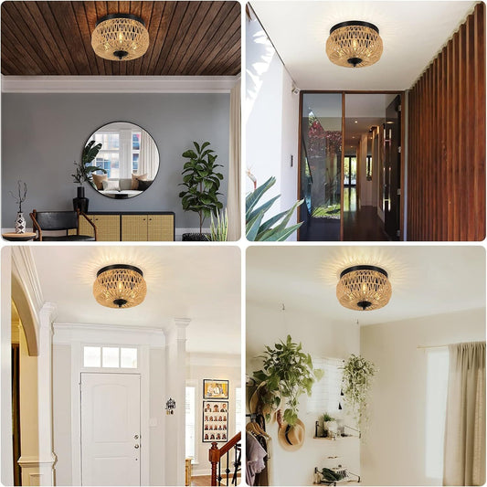 3 Lamp Woven Rattan Recessed Chandelier Lamp Fixture With Handmade Cage Lampshade For Bedroom, Kitchen, Hallway, Porch Unavailable Platforms