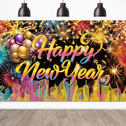 Happy New Year Background Cloth With 32 Inch Balloons Fireworks Designs New Year Backdrop Decor Holiday Photo Studio Props For 2025 New Year Party Photography Supplies