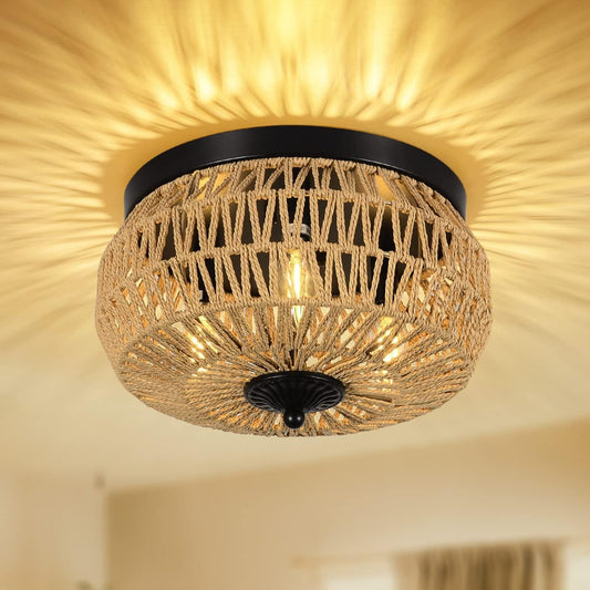 3 Lamp Woven Rattan Recessed Chandelier Lamp Fixture With Handmade Cage Lampshade For Bedroom, Kitchen, Hallway, Porch Unavailable Platforms