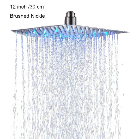 Luxury Chrome LED Rainfall Shower Head Stainless Steel Square Color Changing Lights Shower head Water Flow Generates