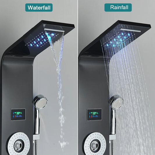 Golden Bathroom Shower Panel Column LED Rain Waterfall Shower Column Black Digital Temperature Display Bidet Spray Gun Spa Jets