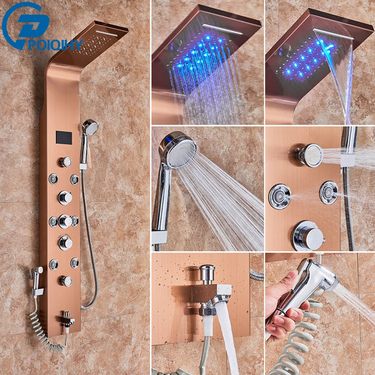 Golden Bathroom Shower Panel Column LED Rain Waterfall Shower Column Black Digital Temperature Display Bidet Spray Gun Spa Jets
