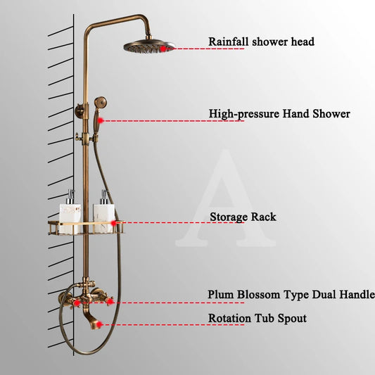 Antique Brass Shower Faucets Set 8'' Rainfall Shower Head Brass Handshower Dual Handle Mixer Tap Rotation Bath Shower Faucet