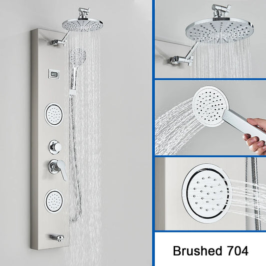 Brushed Nickel Shower Panel Column Rain&Waterfall Shower Head Massage Jets Hot and Cold Mixer Tap Bathroom Shower Faucet
