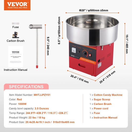 VEVOR 1000W Electric Cotton Candy Machine Commercial Candy Floss Maker with Stainless Steel Bowl Sugar Scoop and Drawer Red Blue