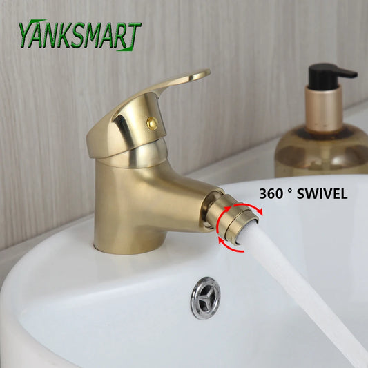 YANKSMART Brushed Gold Bathroom Faucet Solid Brass Bidet Faucets Basin Sink Deck Mounted Washbasin Torneira Mixer Water Tap