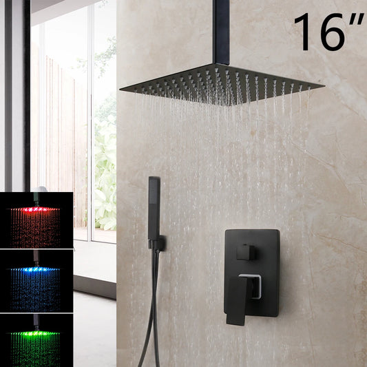 KEMAIDI Matte Black Bathroom Shower Faucet Rainfall Tub LED Bathtub Shower Systerm Rain Square Shower Head Waterfall Mixer Tap