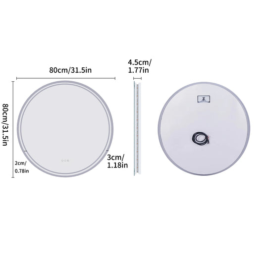 LUVODI 60cm Round Smart Illuminate Mirror for Bathroom Wall Mounted Touch Screen 3 Color Dimming LED Lighted Mirror