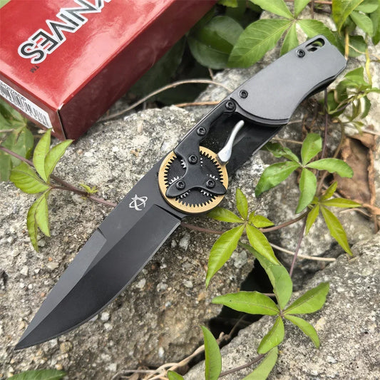 Steampunk-style Black Blade Pocket Folding Knife with A Gear Outdoor Hunting Tactical Everyday Carry Tools Hiking Self Defense