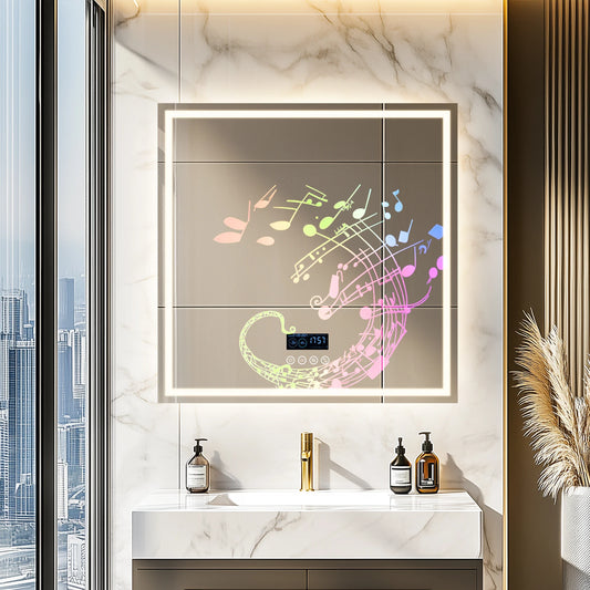 LED Bathroom Mirror 800mm Square Wall Mirror with Bluetooth Time Temperature Display 3 Colours Front+Backlit Anti-fog Memory