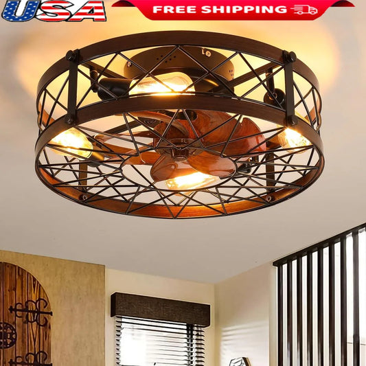 Retro Flush Mount Ceiling Fan with Light Remote Control Energy Efficient 6 Speed Caged Fan Home Office Bedroom