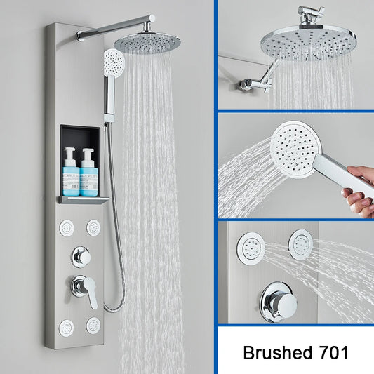 Brushed Nickel Shower Panel Column Rain&Waterfall Shower Head Massage Jets Hot and Cold Mixer Tap Bathroom Shower Faucet