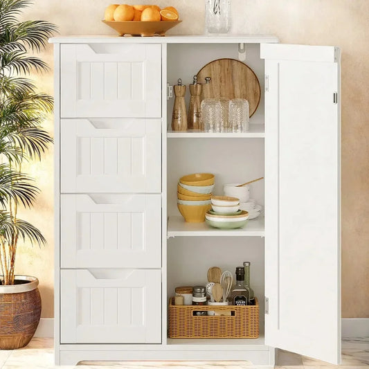 Lofka 34" White Kitchen Pantry Cabinet with 4 Drawers & Adjustable Shelves, Freestanding Storage for Kitchen, Bathroom