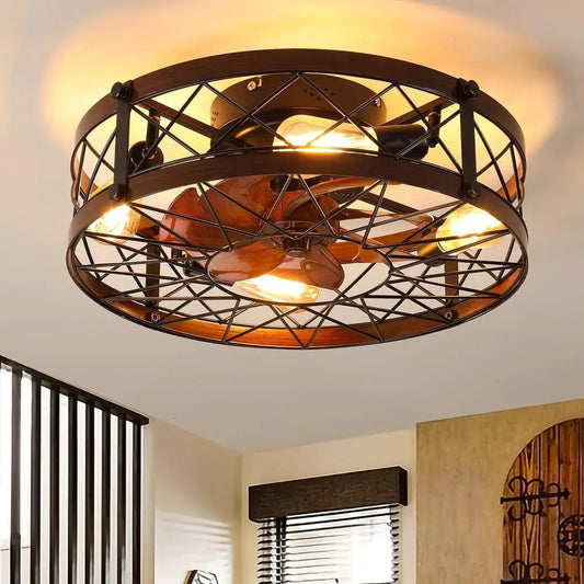 Retro Flush Mount Ceiling Fan with Light Remote Control Energy Efficient 6 Speed Caged Fan Home Office Bedroom
