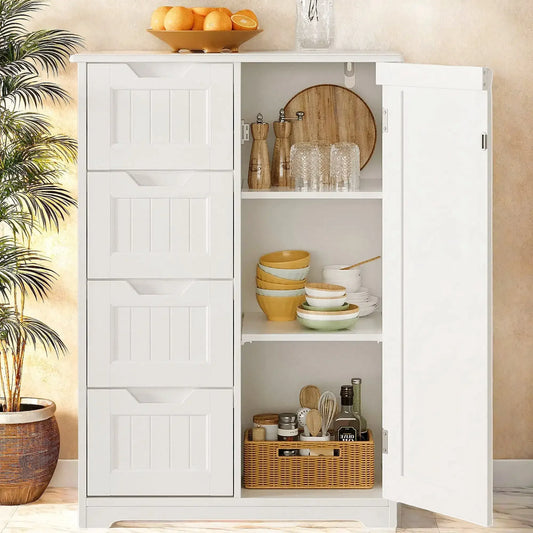 Lofka 34" White Kitchen Pantry Cabinet with 4 Drawers & Adjustable Shelves, Freestanding Storage for Kitchen, Bathroom