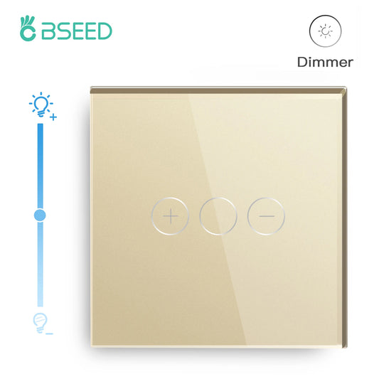 BSEED Touch Dimmer Switch 1Gang 1Way Led Dimmer 220V Wall Light Switch Crystal Glass Panel Blue Backlight Memory Function