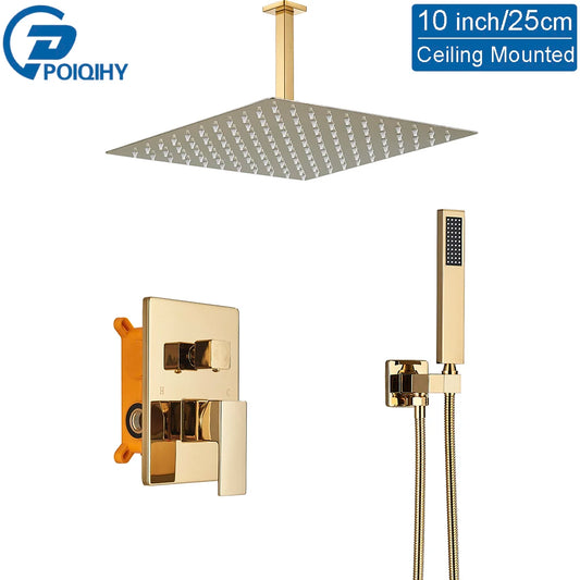 Golden Shower Faucets Set 2-Ways Rainfall Shower System Wall Mounted Shower Head Bathroom Bathroom Tap Shower Mixers Concealed