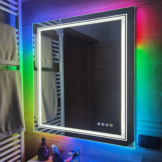 Illuminated LED Bathroom Mirror 800x800mm Square Wall Mirror Dimmable 8 RGB Backlit 3 Front Colours Anti-fog Memory Waterproof