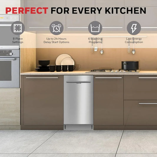 Honeywell 18 Inch Dishwasher with 8 Place settings, 6 Washing Programs, Stainless Steel Tub