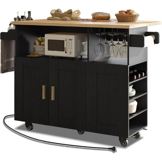 Rolling Mobile Kitchen Island Cart Bar with Desktop Drop Leaf Countertop, Island Table Storage with 5 Wheels, Rolling Kitchen Ca