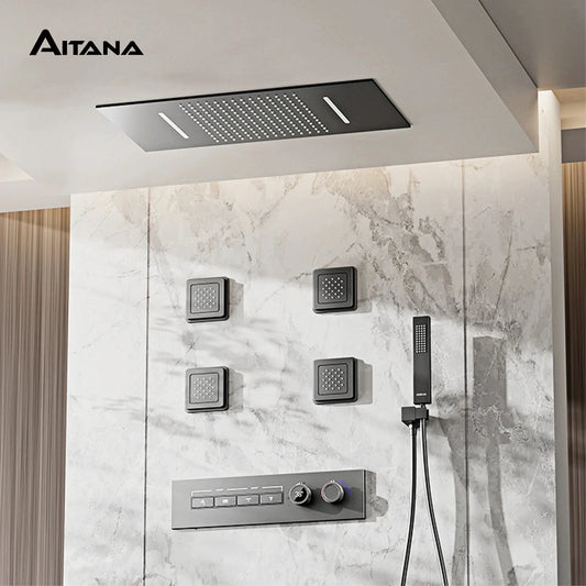 Luxury gun gray brass shower system with ceiling design Hidden LED digital display Dual control of Hot & Cold bathroom Faucet
