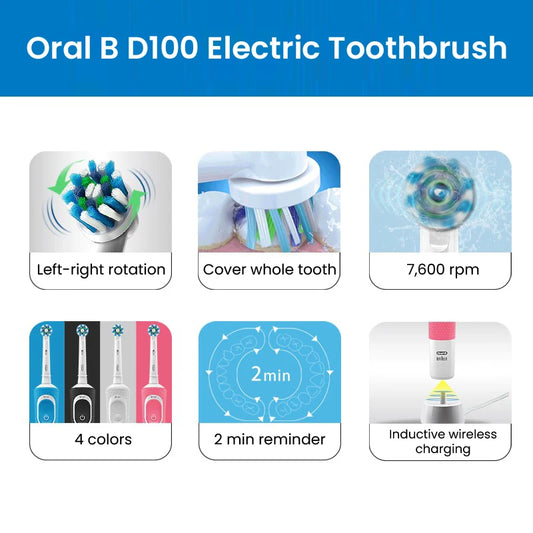 Oral B Electric Toothbrush D100 Vitality 2D Rechargeable Tooth Brush Cross Cleaning ActionWith Bamboo Charcoal Brush Heads