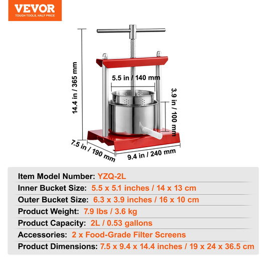 VEVOR 2L 3L 3.36L Manual Fruit Press Stainless Steel Household Manual Squeezer Cider Vegetables Juice Extractor for Home Kitchen