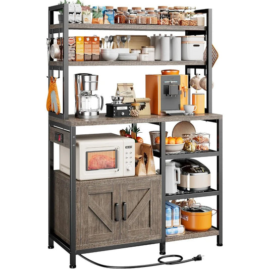 Bakers Rack with Power Outlet, 6-Tier Microwave Stand with Storage Cabinet, Farmhouse Kitchen Coffee Bar with Side Hooks