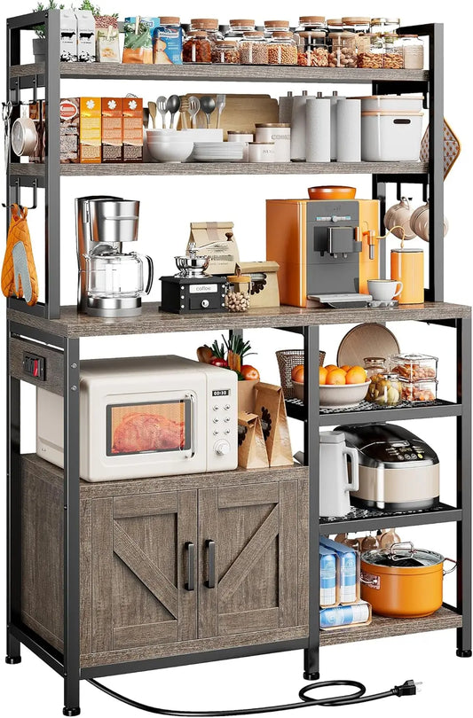 Bakers Rack with Power Outlet, 6-Tier Microwave Stand with Storage Cabinet, Farmhouse Kitchen Coffee Bar with Side Hooks