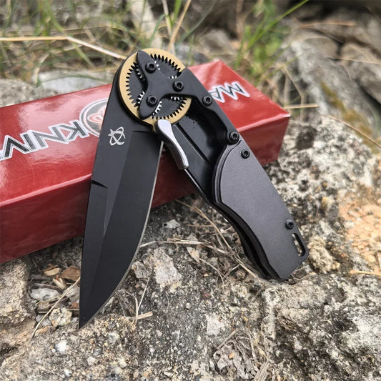 Steampunk-style Black Blade Pocket Folding Knife with A Gear Outdoor Hunting Tactical Everyday Carry Tools Hiking Self Defense
