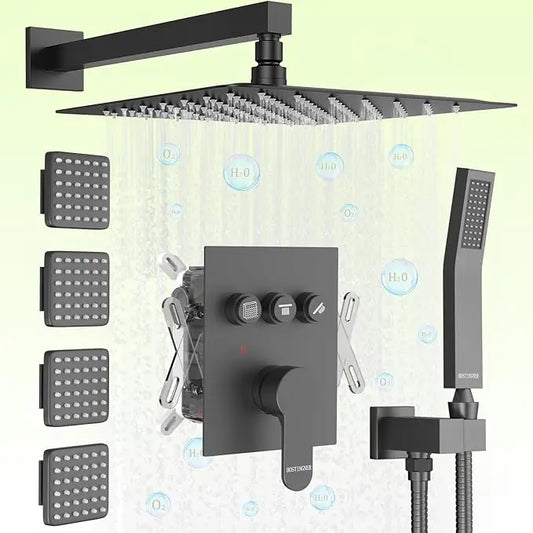 Shower Faucet Set Shower System with Body Jets,12" Rain Shower Head with Handheld Spray,3 Way Push Button Diverter with Valve