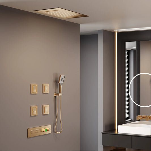 Luxury gun gray brass shower system with ceiling design Hidden LED digital display Dual control of Hot & Cold bathroom Faucet