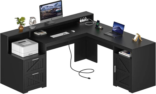 63"  L Shaped Desk with Drawers & Storage Shelf, Corner Computer Desk with Power Outlets for Home Office, Executive Desk