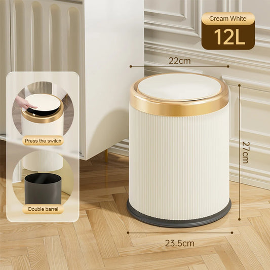 Light Luxury Wastbasket Press Trash Can with Lid for Office Living Room Bathroom Round Garbage Can with Removable Inner Bucket