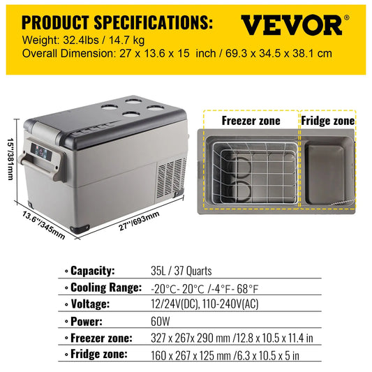 VEVOR 35L Car Refrigerator Compressor Portable Small Refrigerator Car Freezer Mini Electric Cooler for Driving Travel Outdoor