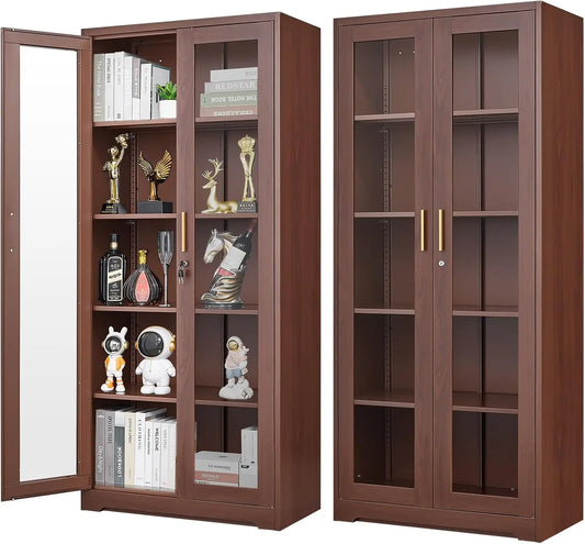 Glass Display Cabinet, Display Case with Glass Doors and Shelves,Metal Curio Cabinets with Locking, 71" Tall Bookcase with Doors
