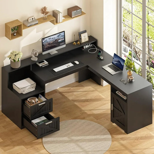 63"  L Shaped Desk with Drawers & Storage Shelf, Corner Computer Desk with Power Outlets for Home Office, Executive Desk