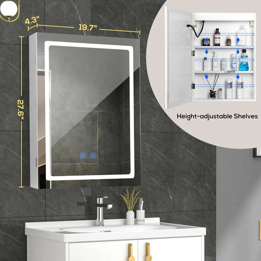 Bathroom Medicine Cabinet with LED Lights and Mirror, Wall Mounted Mirror Cabinet with Adjustable Shelf, Defogger,