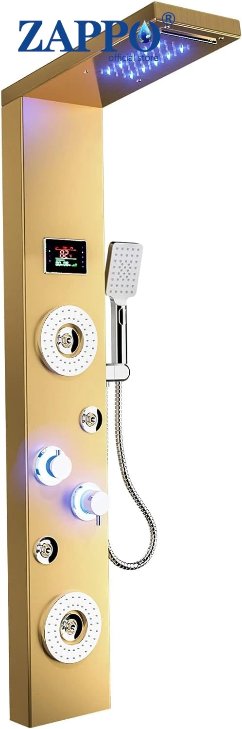 ZAPPO Rainfall Waterfall Massage System with Body Jets Bathroom Shower Panel Temperature Digital Display Shower Panel Shower Set