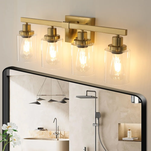 Gold 4 Lamp Vanity Light With Clear Glass Shade, Modern Iron Metal Bathroom Wall Fixture For Bathroom & Dresser - No Bulbs Unavailable Platform