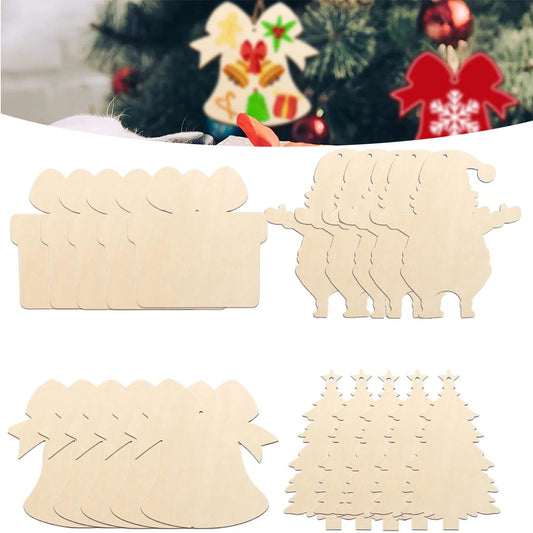 20PCS Christmas Wooden Hanging Ornaments DIY Blank Unfinished Wood Crafts Xmas Bell Tree Gift Shaped Hanging Decorations For Christmas Wedding Birtday Party Decor